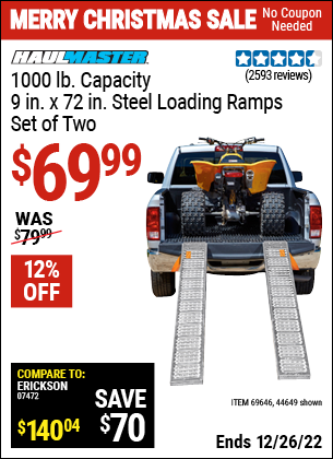 Buy the HAUL-MASTER 1000 lb. Capacity 9 in. x 72 in. Steel Loading Ramps Set of Two (Item 44649/69646) for $69.99, valid through 12/26/2022.
