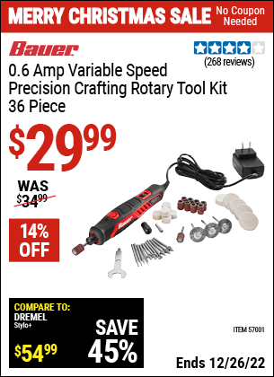 Buy the BAUER Variable Speed Precision Crafting Rotary Tool (Item 57001) for $29.99, valid through 12/26/2022.