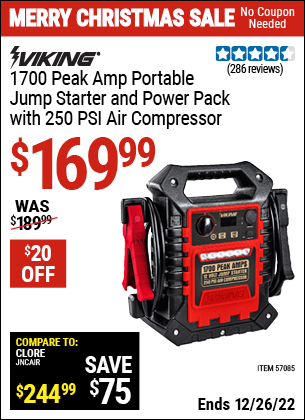 Buy the VIKING 1700 Peak Amp Portable Jump Starter And Power Pack With 250 PSI Air Compressor (Item 57085) for $169.99, valid through 12/26/2022.