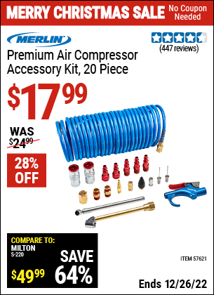Buy the MERLIN Premium Air Compressor Accessory Kit, 20 Pc. (Item 57621) for $17.99, valid through 12/26/2022.