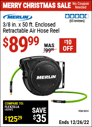 Buy the MERLIN 3/8 in. x 50 ft. Enclosed Retractable Air Hose Reel (Item 58541) for $89.99, valid through 12/26/2022.
