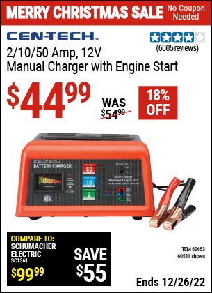 Buy the CEN-TECH 12V Manual Charger With Engine Start (Item 60581/60653) for $44.99, valid through 12/26/2022.
