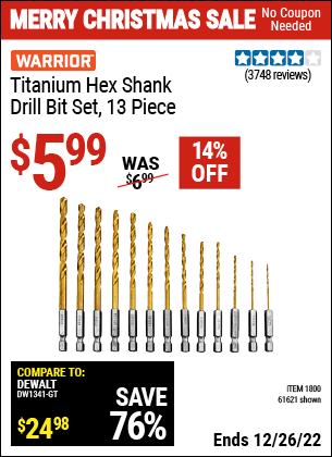 Buy the WARRIOR Titanium High Speed Steel Drill Bit Set 13 Pc. (Item 61621/1800) for $5.99, valid through 12/26/2022.