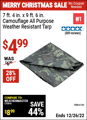 Buy the HFT 7 ft. 4 in. x 9 ft. 6 in. Camouflage All Purpose/Weather Resistant Tarp (Item 61765) for $4.99, valid through 12/26/2022.