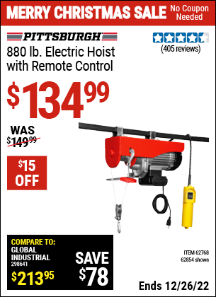 Buy the PITTSBURGH AUTOMOTIVE 880 lb. Electric Hoist with Remote Control (Item 62854/62768) for $134.99, valid through 12/26/2022.