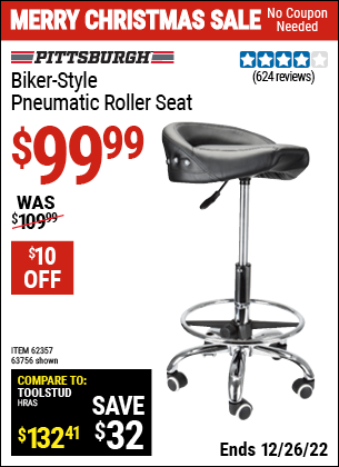 Buy the PITTSBURGH AUTOMOTIVE Biker-Style Pneumatic Roller Seat (Item 63756/62357) for $99.99, valid through 12/26/2022.