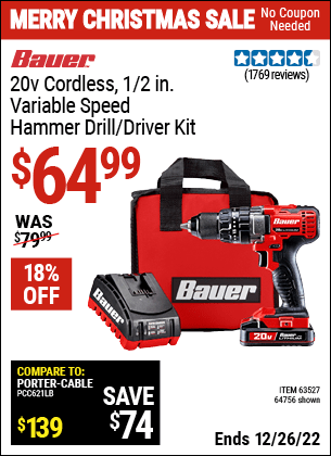 Buy the BAUER 20V Hypermax Lithium 1/2 in. Hammer Drill Kit (Item 64756/63527) for $64.99, valid through 12/26/2022.