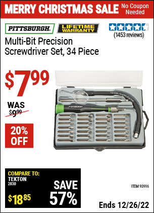 Buy the PITTSBURGH Multi-Bit Precision Screwdriver Set 34 Pc. (Item 93916) for $7.99, valid through 12/26/2022.
