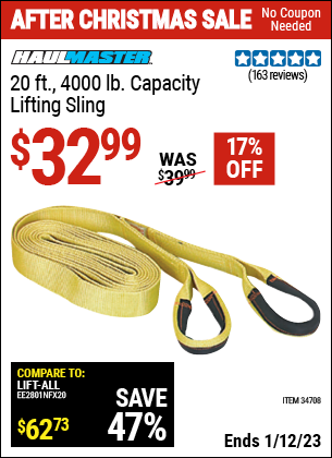 Buy the HAUL-MASTER 20 ft. 4000 Lbs. Capacity Lifting Sling (Item 34708) for $32.99, valid through 1/12/2023.