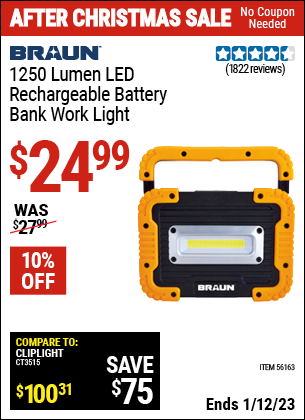 Buy the BRAUN 1250 Lumen Work Light Battery Bank (Item 56163) for $24.99, valid through 1/12/2023.