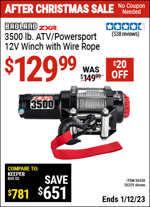 Buy the BADLAND ZXR 3500 Lb. ATV/Powersport 12v Winch With Wire Rope (Item 56259/56528) for $129.99, valid through 1/12/2023.