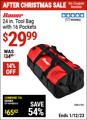 Buy the BAUER 24 in. Tool Bag with 16 Pockets (Item 57351) for $29.99, valid through 1/12/2023.