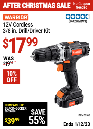 Buy the WARRIOR 12v Lithium-Ion 3/8 In. Cordless Drill/Driver (Item 57366) for $17.99, valid through 1/12/2023.