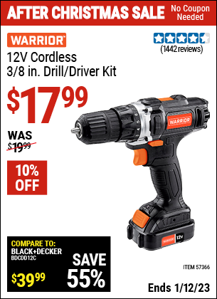WARRIOR 12v Lithium-Ion 3/8 In. Cordless Drill/Driver for $17.99