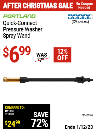 Buy the PORTLAND Quick Connect Spray Wand (Item 57580) for $6.99, valid through 1/12/2023.