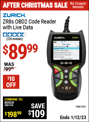 Buy the ZURICH ZR8S OBD2 Code Reader with Live Data (Item 57667) for $89.99, valid through 1/12/2023.