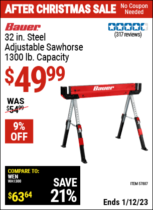 Buy the BAUER 1300 lb. Capacity Steel Sawhorse (Item 57807) for $49.99, valid through 1/12/2023.