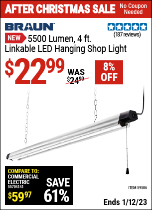Buy the BRAUN 5500 Lumen 4 ft. Linkable LED Hanging Shop Light (Item 59506) for $22.99, valid through 1/12/2023.
