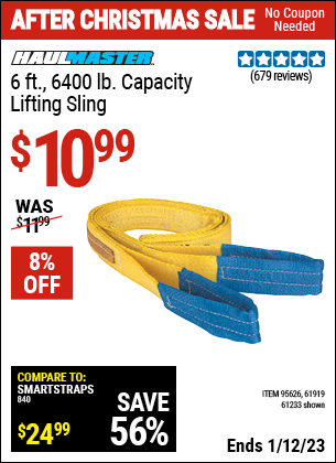 Buy the HAUL-MASTER 6 ft. 6400 lbs. Capacity Lifting Sling (Item 61233/95626/61919) for $10.99, valid through 1/12/2023.
