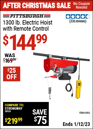 Buy the PITTSBURGH AUTOMOTIVE 1300 lb. Electric Hoist with Remote Control (Item 62853) for $144.99, valid through 1/12/2023.