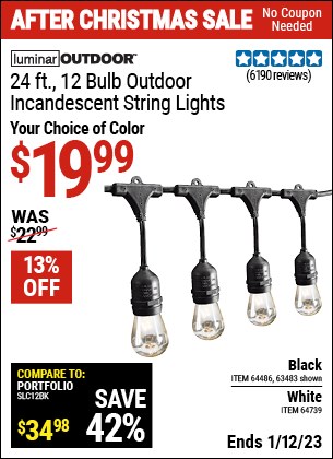 Buy the LUMINAR OUTDOOR 24 Ft. 12 Bulb Outdoor String Lights (Item 63483/64486/64739) for $19.99, valid through 1/12/2023.