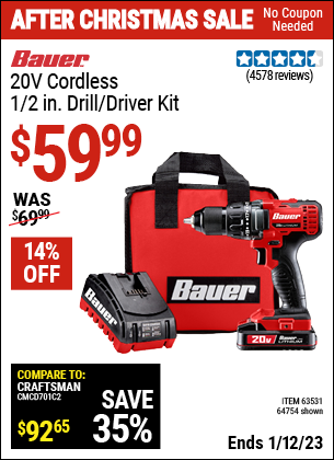 Buy the BAUER 20V Lithium 1/2 In. Drill/Driver Kit (Item 63531/63531) for $59.99, valid through 1/12/2023.