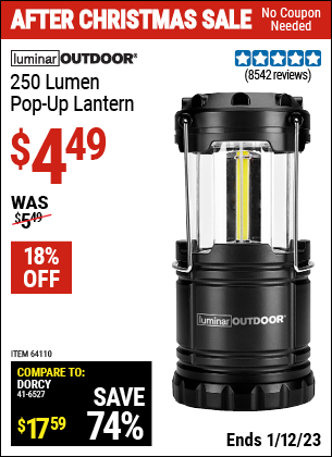 Buy the LUMINAR OUTDOOR 250 Lumen Compact Pop-Up Lantern (Item 64110) for $4.49, valid through 1/12/2023.