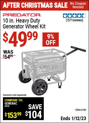 Buy the PREDATOR 10 in. Heavy Duty Generator Wheel Kit (Item 64788) for $49.99, valid through 1/12/2023.
