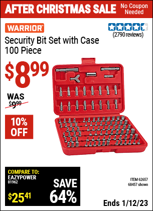 Buy the WARRIOR Security Bit Set with Case 100 Pc. (Item 68457/62657) for $8.99, valid through 1/12/2023.