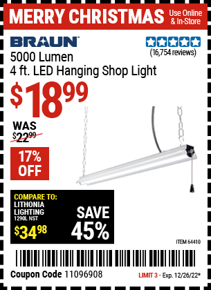 BRAUN 4 Ft. LED Hanging Shop Light for $18.99 – Harbor Freight Coupons