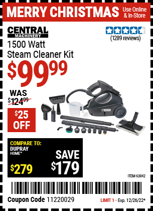 CENTRAL MACHINERY 1500 Watt Steam Cleaner Kit for $99.99 – Harbor