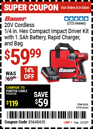 Buy the BAUER 20V Lithium 1/4 In. Hex Compact Impact Driver Kit (Item 63528/63528) for $59.99, valid through 1/2/2023.