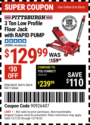Buy the PITTSBURGH AUTOMOTIVE 3 Ton Low Profile Steel Heavy Duty Floor Jack With Rapid Pump (Item 56617/56618/56619/56620) for $129.99, valid through 12/18/2022.