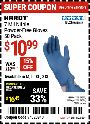 Buy the HARDY 7 Mil Nitrile Powder-Free Gloves, 50 Pc. XX-Large (Item 57158/68504/68505/61773/68506/61774) for $10.99, valid through 1/22/2023.