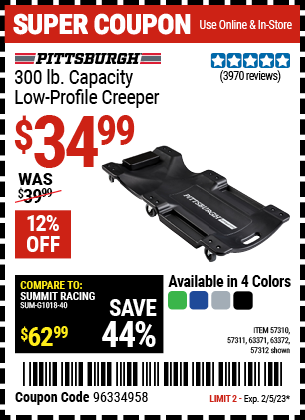 Buy the PITTSBURGH AUTOMOTIVE 40 In. 300 Lb. Capacity Low-Profile Creeper (Item 57310/57311/57312/63371/63372/63424/64169) for $34.99, valid through 2/5/2023.
