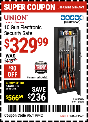 Buy the UNION SAFE COMPANY 10 Gun Electronic Security Safe (Item 64011/64008) for $329.99, valid through 2/5/2023.