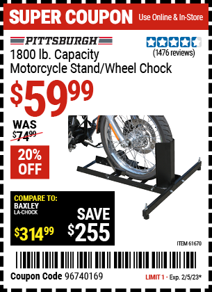 Buy the PITTSBURGH 1800 Lb. Capacity Motorcycle Stand/Wheel Chock (Item 61670) for $59.99, valid through 2/5/2023.