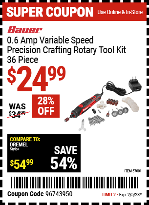 Buy the BAUER Variable Speed Precision Crafting Rotary Tool (Item 57001) for $24.99, valid through 2/5/2023.