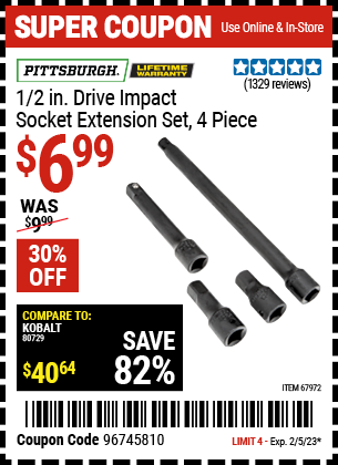 Buy the PITTSBURGH 4 Pc 1/2 in. Drive Impact Socket Extension Set (Item 67972) for $6.99, valid through 2/5/2023.