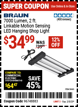 Buy the BRAUN 7000 Lumen 2 Ft. Linkable LED Hanging Shop Light with Motion Sensor (Item 58465) for $34.99, valid through 2/5/2023.