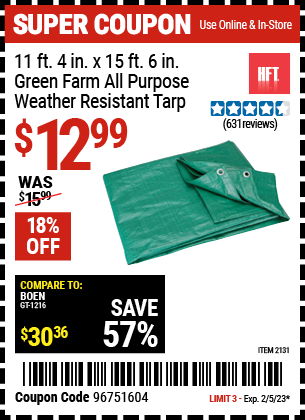 Buy the HFT 11 ft. 4 in. x 15 ft. 6 in. Green/Farm All Purpose/Weather Resistant Tarp (Item 02131) for $12.99, valid through 2/5/2023.