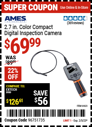 Buy the AMES 2.7 in. Color Compact Digital Inspection Camera (Item 64623) for $69.99, valid through 2/5/2023.