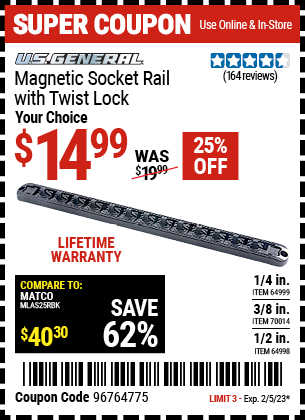 Buy the U.S. GENERAL Magnetic Socket Rail with Twist Lock- Black (Item 64998/64999/70014) for $14.99, valid through 2/5/2023.