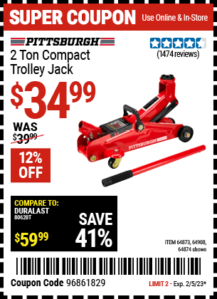 Buy the PITTSBURGH AUTOMOTIVE 2 ton Compact Trolley Jack (Item 64874/64873/64908) for $34.99, valid through 2/5/2023.