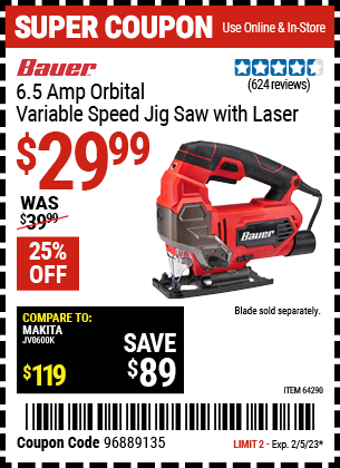 Buy the BAUER 6.5 Amp Heavy Duty Tool-Free Variable Speed Orbital Jig Saw With Laser (Item 64290) for $29.99, valid through 2/5/2023.