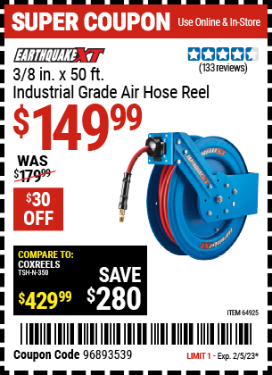 Buy the EARTHQUAKE XT 3/8 In. X 50 Ft. Industrial Grade Air Hose Reel (Item 64925) for $149.99, valid through 2/5/2023.