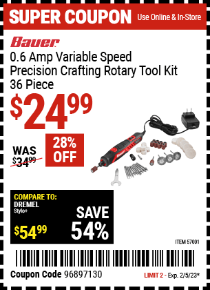 Buy the BAUER Variable Speed Precision Crafting Rotary Tool (Item 57001) for $24.99, valid through 2/5/2023.