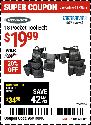 Buy the VOYAGER 18 Pocket Heavy Duty Tool Belt (Item 63294) for $19.99, valid through 2/5/2023.