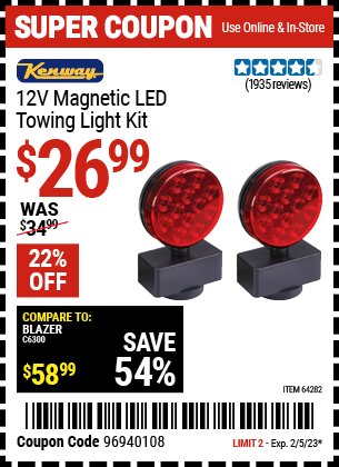 Buy the KENWAY 12V Magnetic LED Towing Light Kit (Item 64282) for $26.99, valid through 2/5/2023.