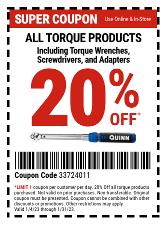 Save 20% Off All Torque Products, Including Torque Wrenches, Screwdrivers and Adapters